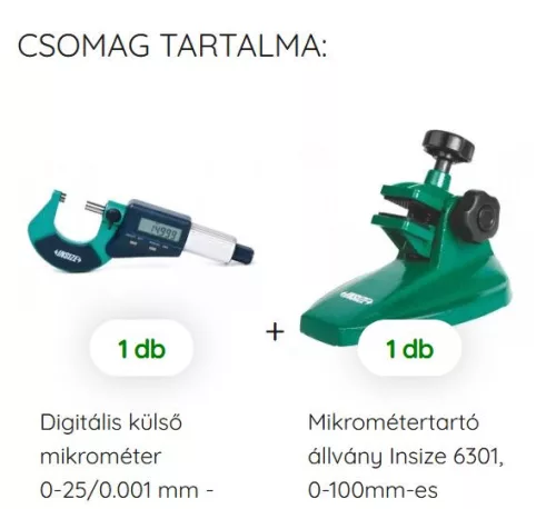 Digitális külső mikrométer 0-25/0.001 mm állvánnyal Insize 3109-25A + 6301