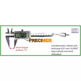   MIB 02026103 Digitális tolómérő 150 mm, fémházas extra hegyes pofával, 15° 	